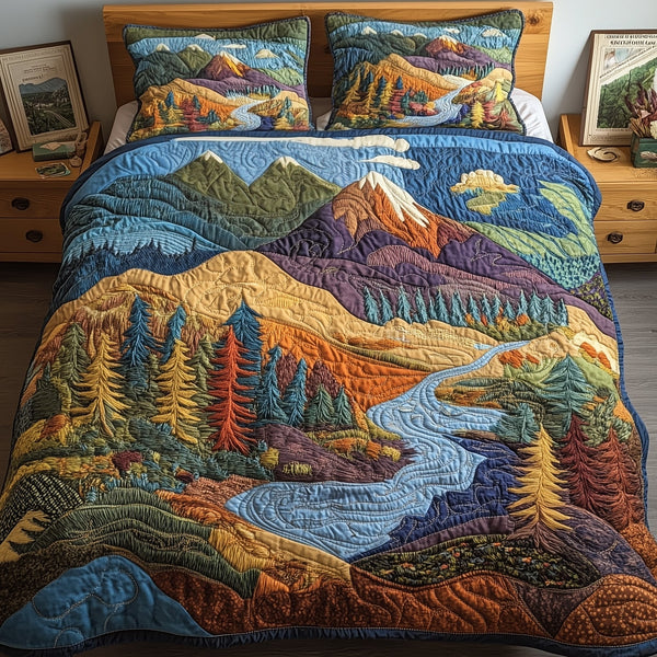 Forest quilted 3-piece bedding set on a made bed with two matching pillow shams
