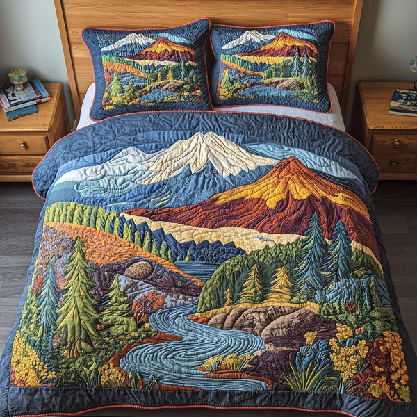 Forest quilted 3-piece bedding set on a made bed with two matching pillow shams