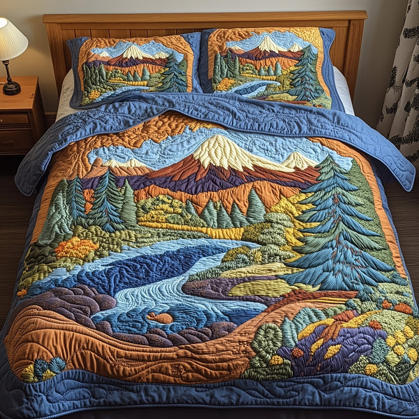 Forest quilted 3-piece bedding set on a made bed with two matching pillow shams