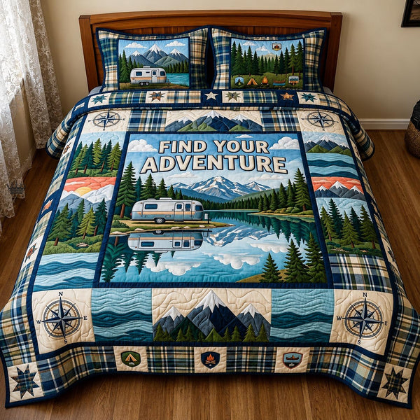 Forest Retreat quilted 3-piece bedding set on a made bed with two matching pillow shams