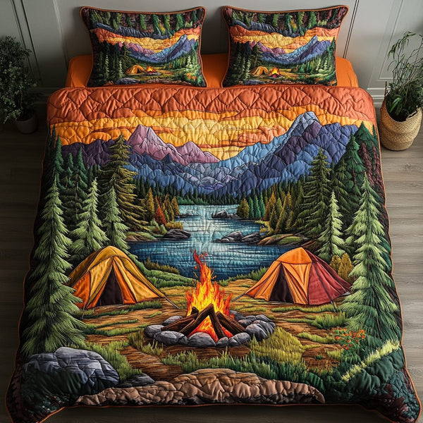 Forest Retreat quilted 3-piece bedding set on a made bed with two matching pillow shams