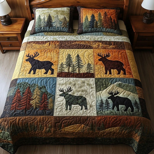 Forest Retreat quilted 3-piece bedding set on a made bed with two matching pillow shams