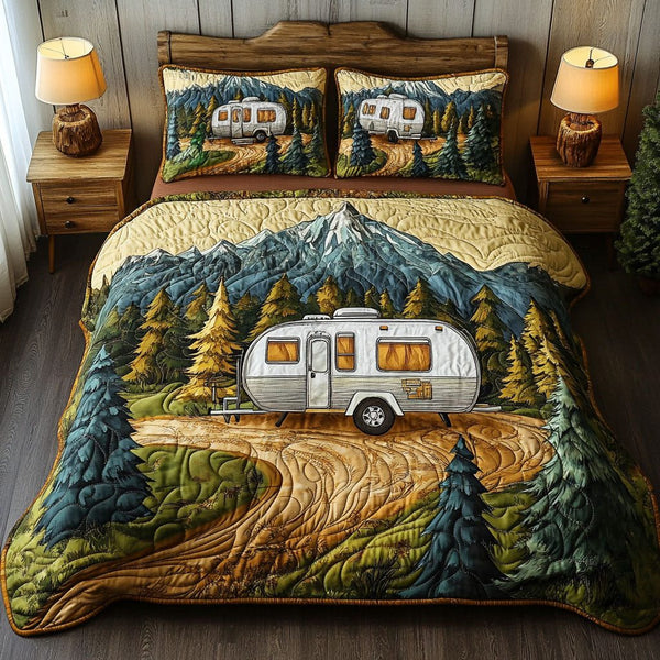 Forest Retreat quilted 3-piece bedding set on a made bed with two matching pillow shams
