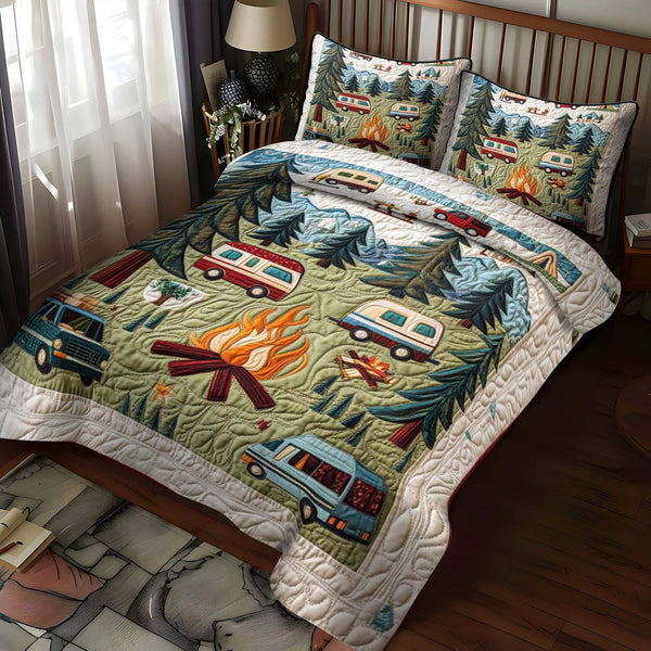 Forest Retreat quilted 3-piece bedding set on a made bed with two matching pillow shams