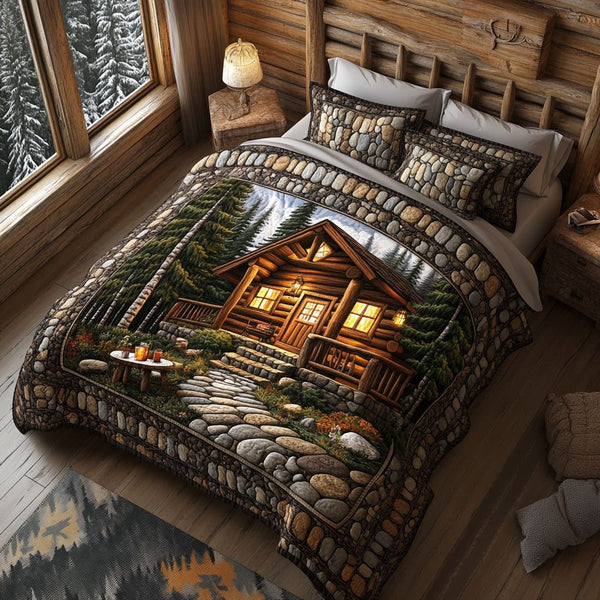 Forest Retreat quilted 3-piece bedding set on a made bed with two matching pillow shams