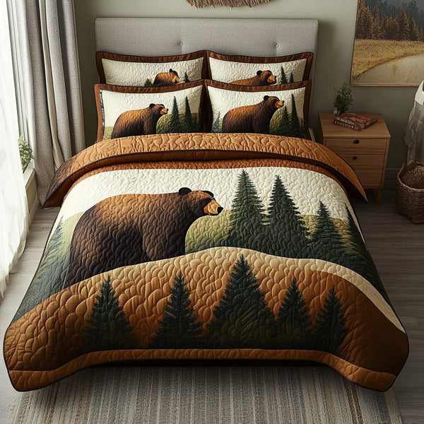 Forest Retreat quilted 3-piece bedding set on a made bed with two matching pillow shams