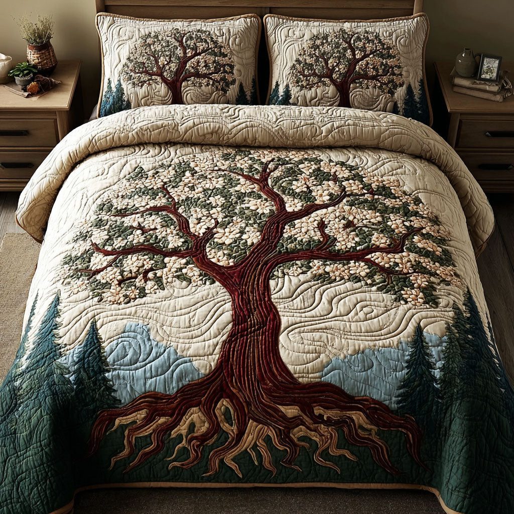 Forest Rise quilted 3-piece bedding set on a made bed with two matching pillow shams