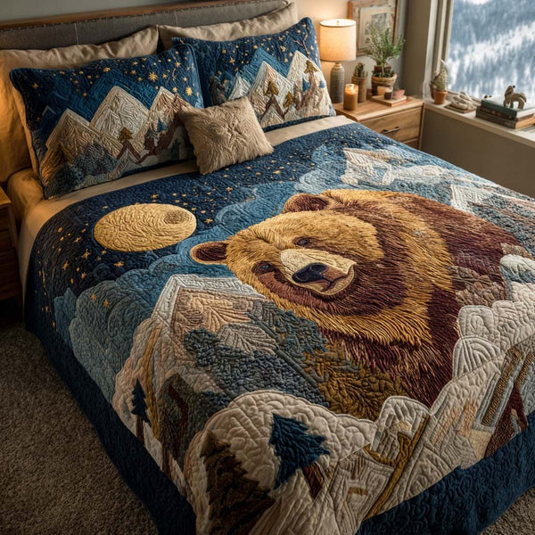 Forest Roar quilted 3-piece bedding set on a made bed with two matching pillow shams