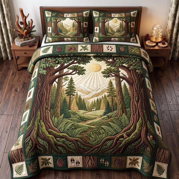 Forest Sanctuary quilted 3-piece bedding set on a made bed with two matching pillow shams