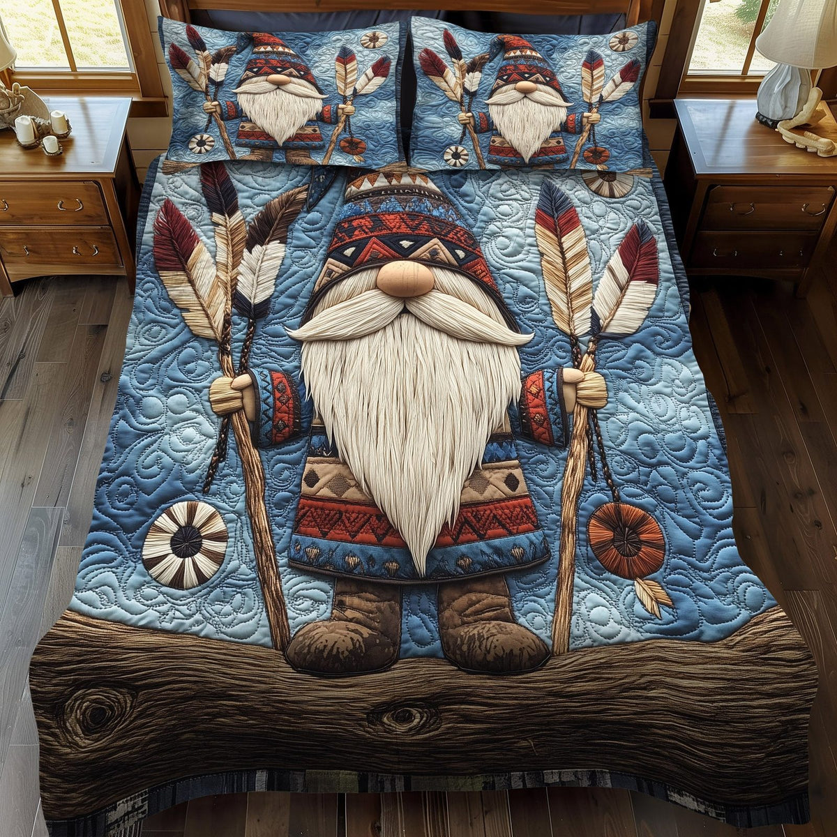 Forest Scout quilted 3-piece bedding set on a made bed with two matching pillow shams