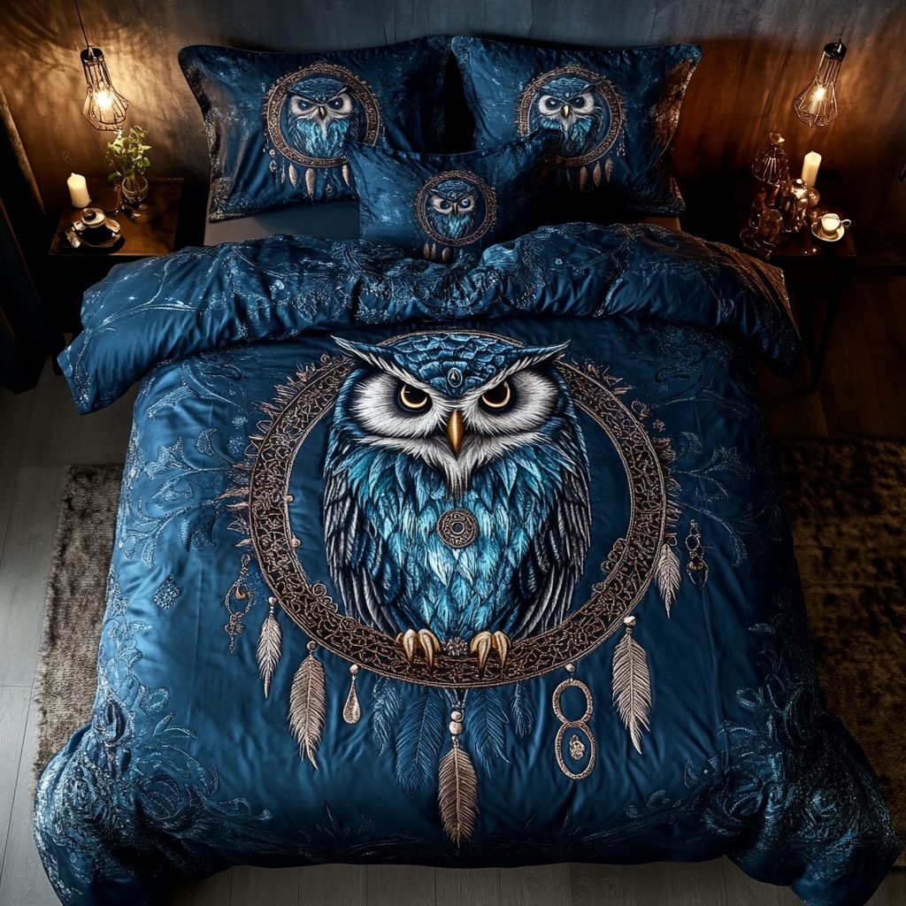 Forest Sentinel quilted 3-piece bedding set on a made bed with two matching pillow shams
