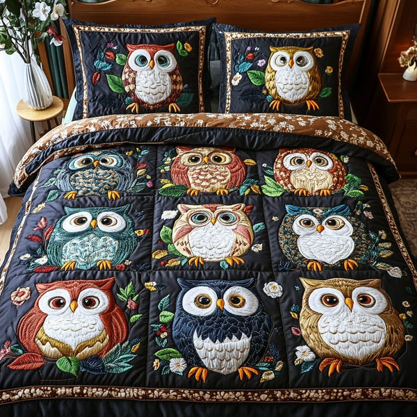 Forest Sentinel quilted 3-piece bedding set on a made bed with two matching pillow shams