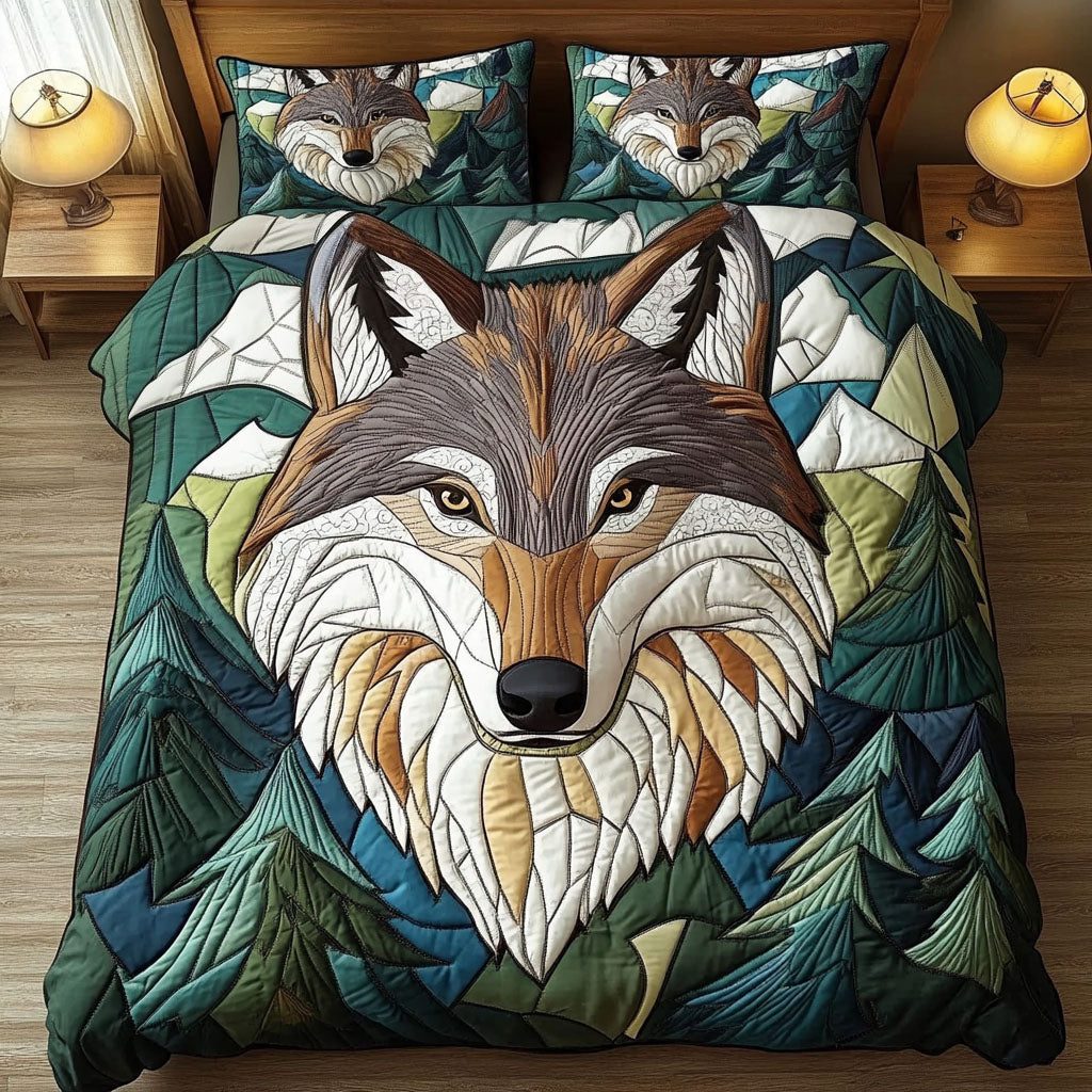 Forest Sentinel quilted 3-piece bedding set on a made bed with two matching pillow shams