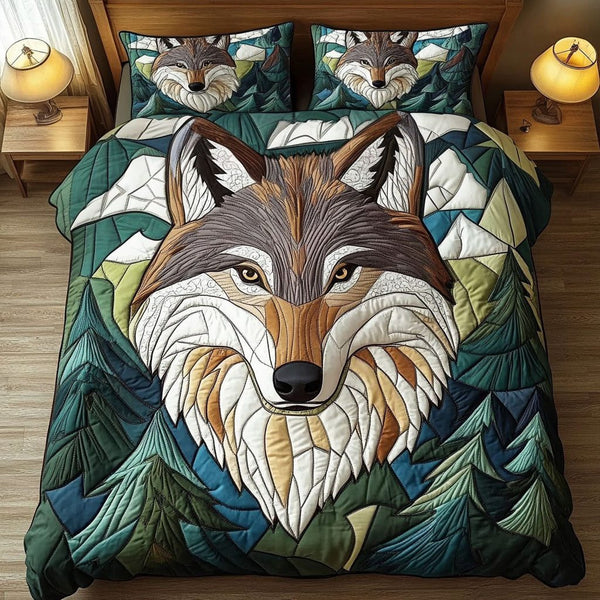 Forest Sentinel quilted 3-piece bedding set on a made bed with two matching pillow shams