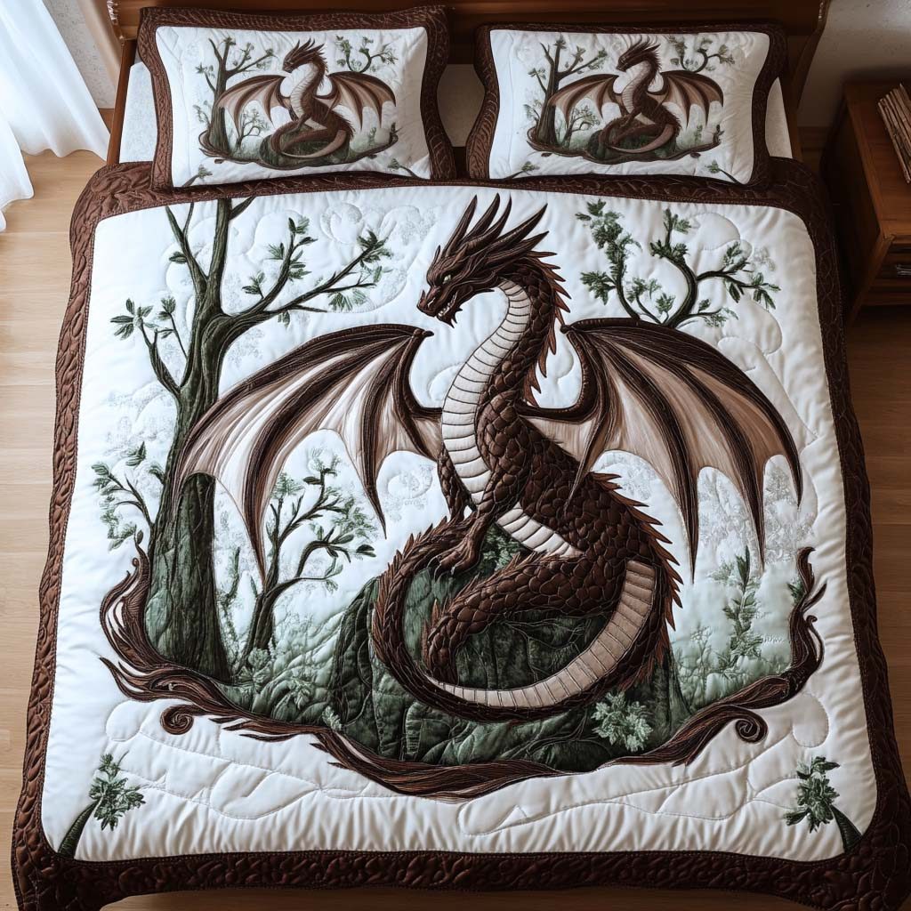 Forest Sentinel quilted 3-piece bedding set on a made bed with two matching pillow shams