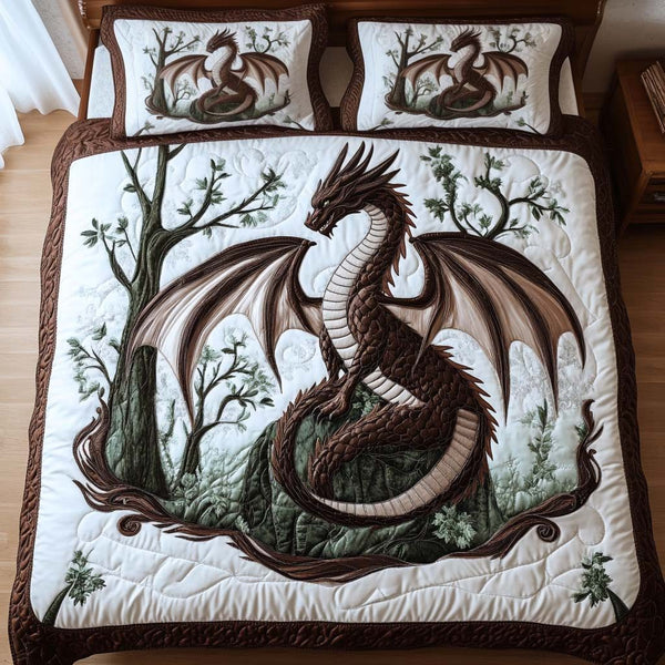 Forest Sentinel quilted 3-piece bedding set on a made bed with two matching pillow shams