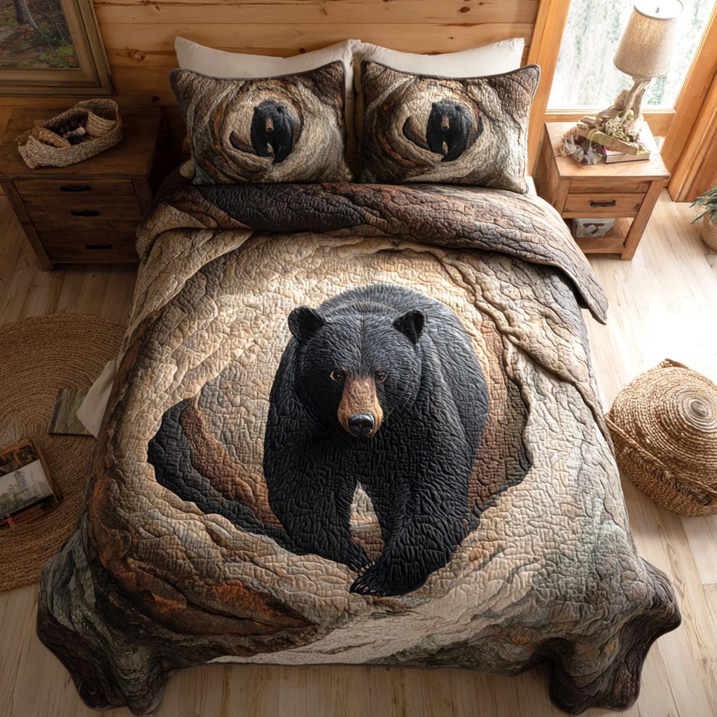 Forest Sentinel quilted 3-piece bedding set on a made bed with two matching pillow shams