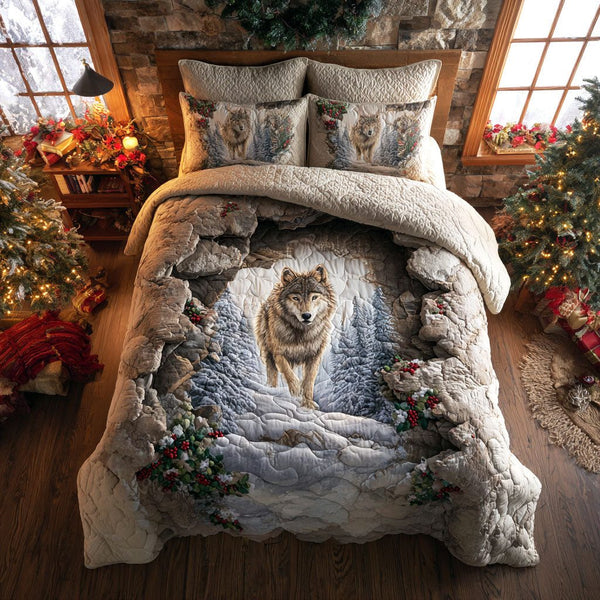 Forest Sentinel quilted 3-piece bedding set on a made bed with two matching pillow shams