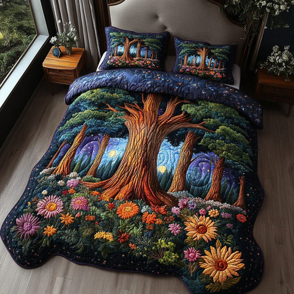 Forest Serenity quilted 3-piece bedding set on a made bed with two matching pillow shams
