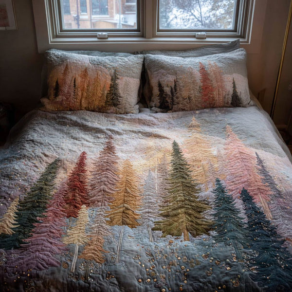 Forest Serenity quilted 3-piece bedding set on a made bed with two matching pillow shams