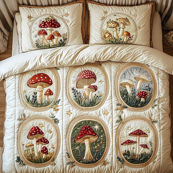 Forest Shrooms quilted 3-piece bedding set on a made bed with two matching pillow shams