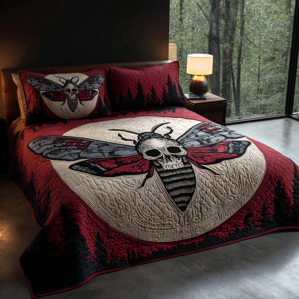 Forest Skull quilted 3-piece bedding set on a made bed against a dark styled interior