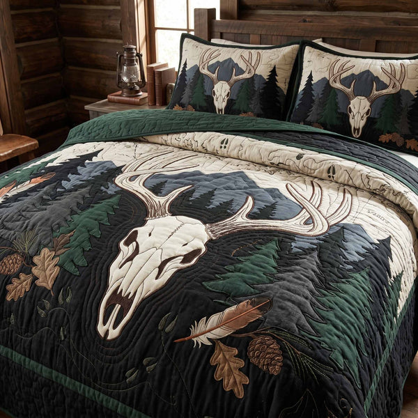 Forest Skull quilted 3-piece bedding set on a made bed against a dark styled interior