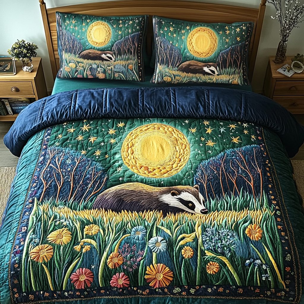 Forest Skunk Whisper quilted 3-piece bedding set on a made bed with two matching pillow shams