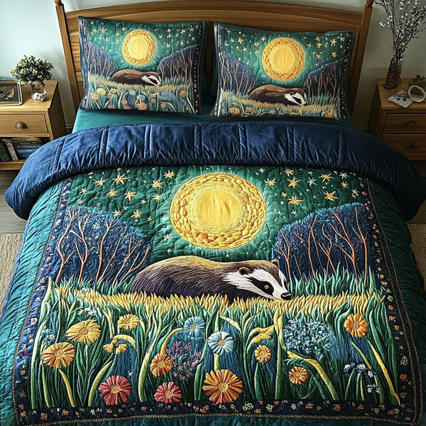 Forest Skunk Whisper quilted 3-piece bedding set on a made bed with two matching pillow shams
