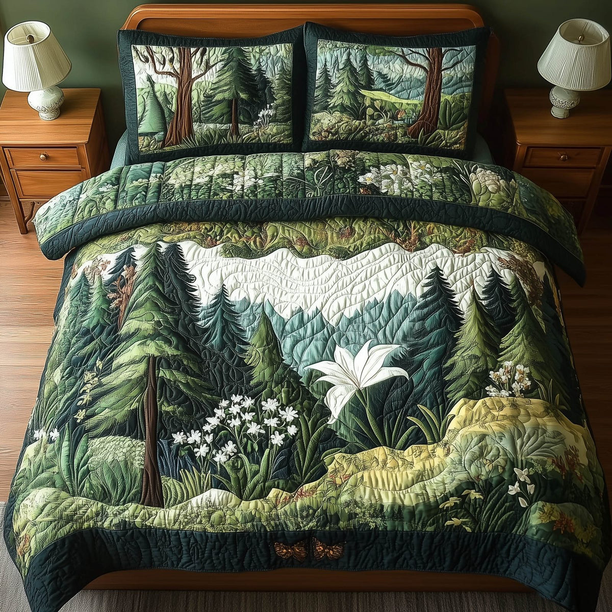 Forest Soul quilted 3-piece bedding set on a made bed with two matching pillow shams