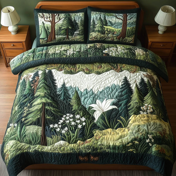 Forest Soul quilted 3-piece bedding set on a made bed with two matching pillow shams