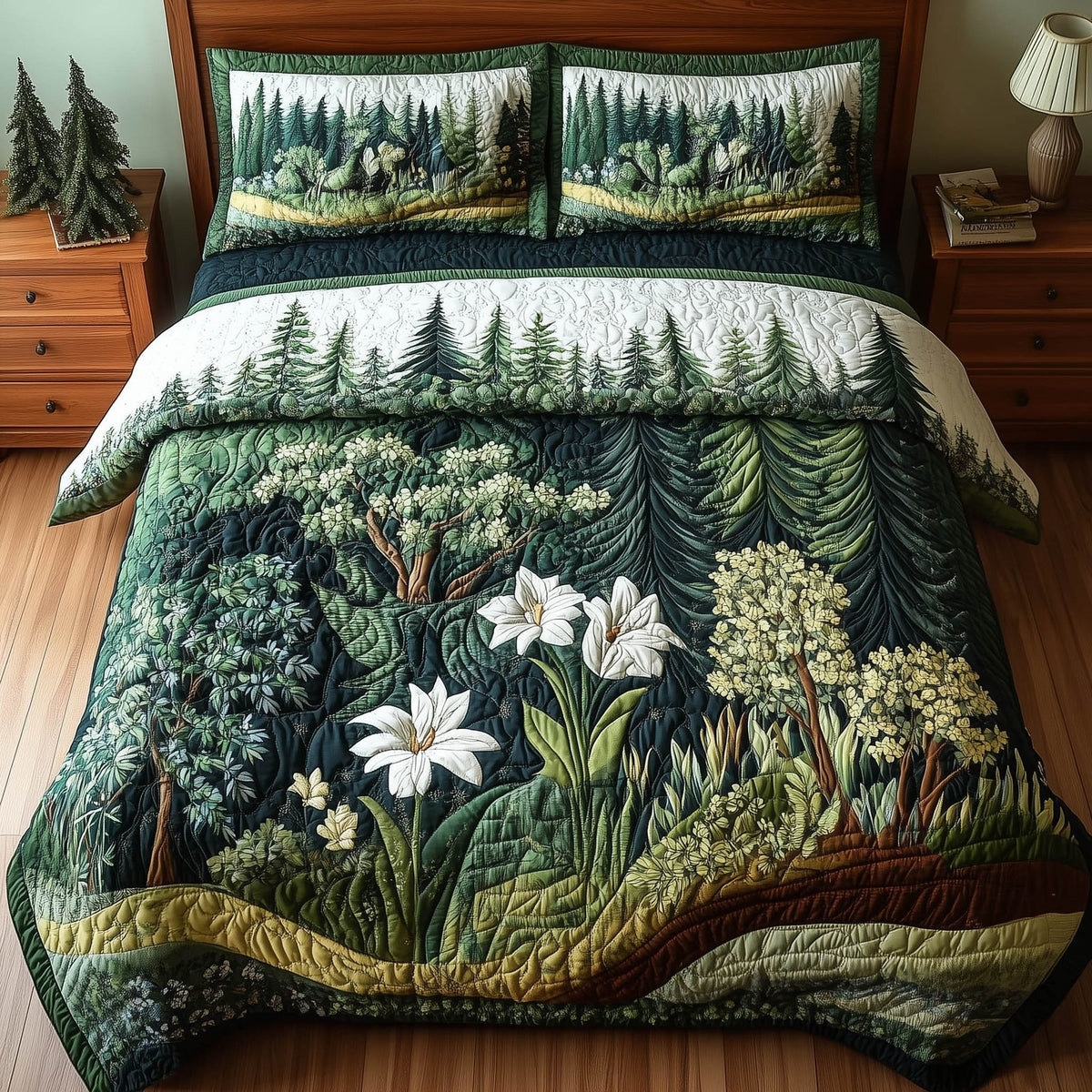 Forest Soul quilted 3-piece bedding set on a made bed with two matching pillow shams