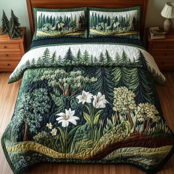Forest Soul quilted 3-piece bedding set on a made bed with two matching pillow shams