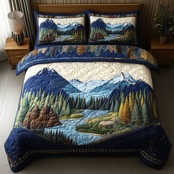 Forest Soul quilted 3-piece bedding set on a made bed with two matching pillow shams