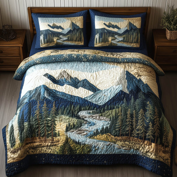 Forest Soul quilted 3-piece bedding set on a made bed with two matching pillow shams