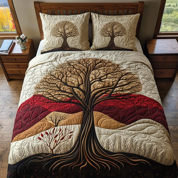Forest Soul quilted 3-piece bedding set on a made bed with two matching pillow shams