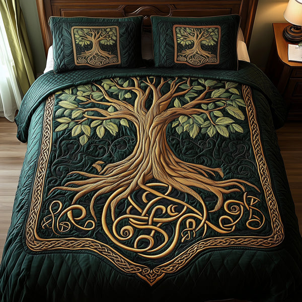 Forest Spirit quilted 3-piece bedding set on a made bed with two matching pillow shams