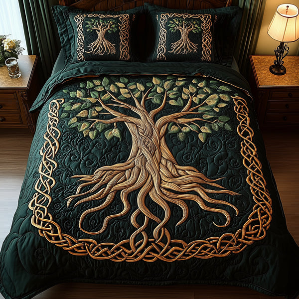 Forest Spirit quilted 3-piece bedding set on a made bed with two matching pillow shams