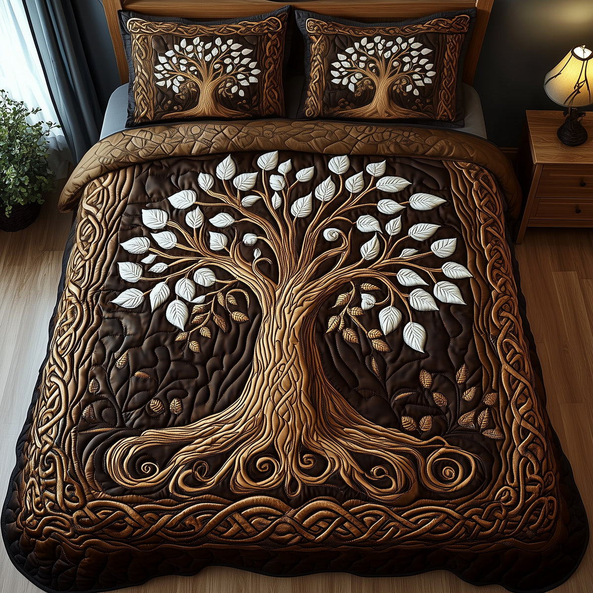 Forest Spirit quilted 3-piece bedding set on a made bed with two matching pillow shams