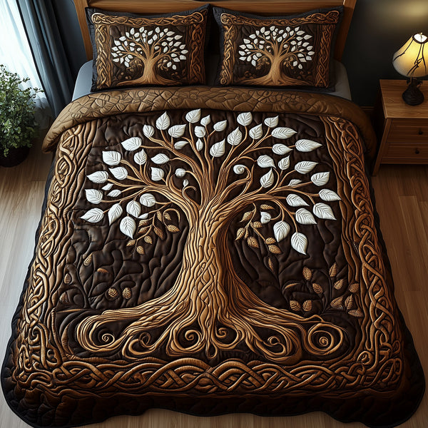 Forest Spirit quilted 3-piece bedding set on a made bed with two matching pillow shams