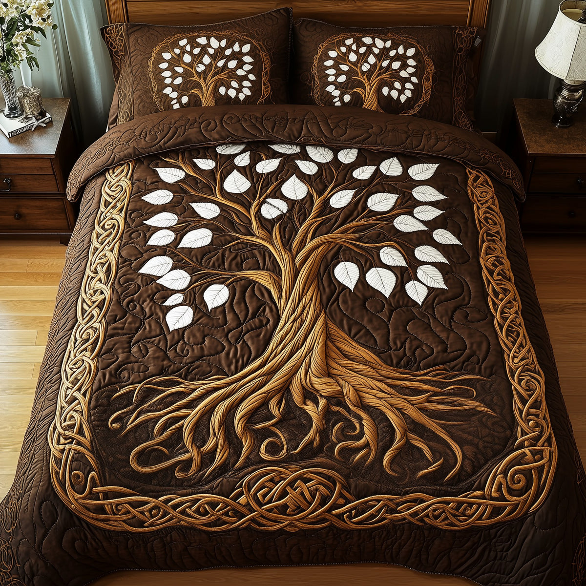Forest Spirit quilted 3-piece bedding set on a made bed with two matching pillow shams
