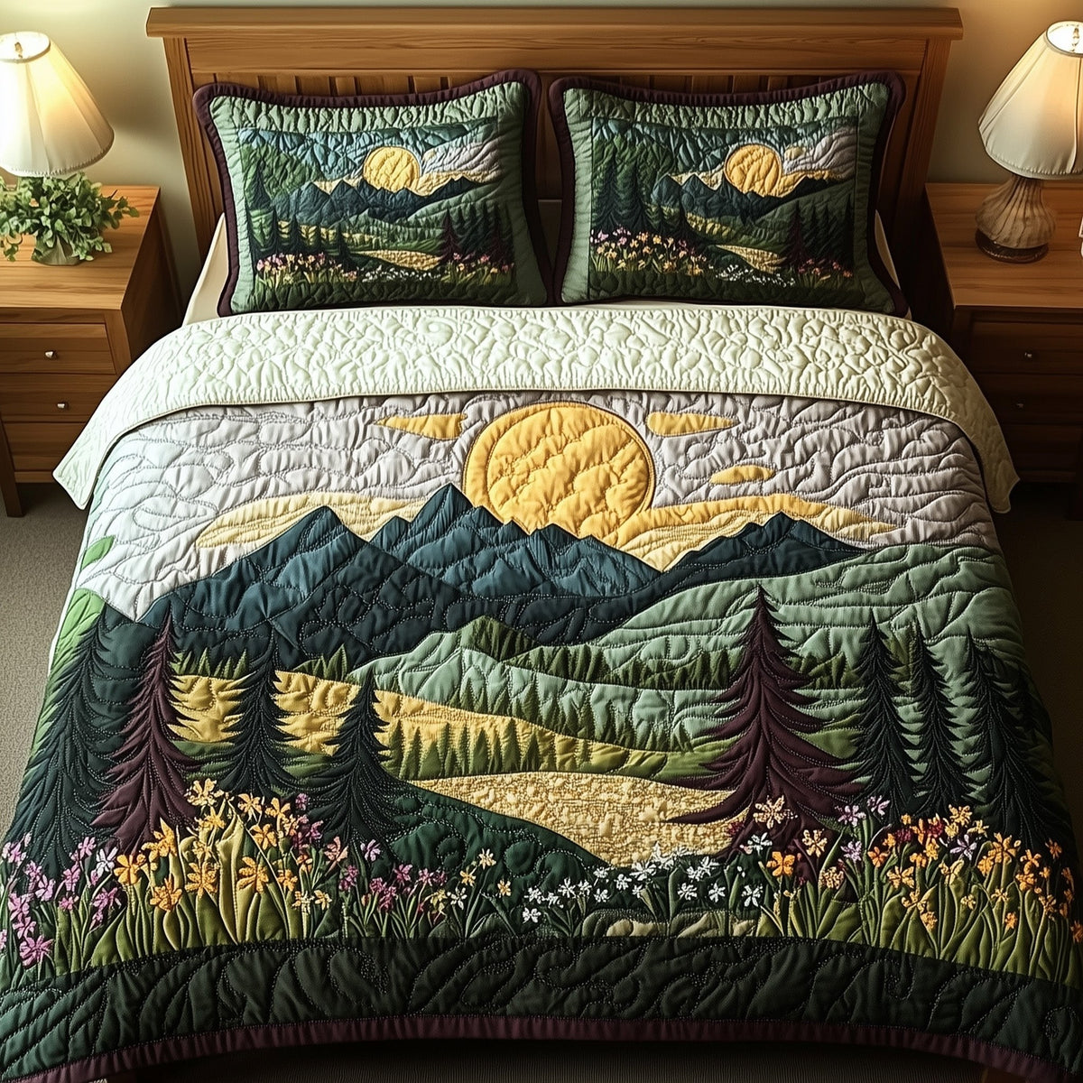 Forest Spirit quilted 3-piece bedding set on a made bed with two matching pillow shams