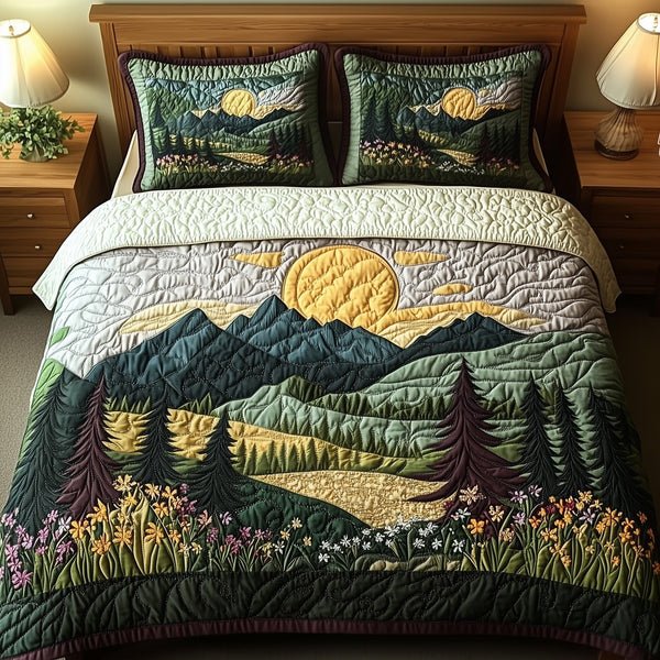 Forest Spirit quilted 3-piece bedding set on a made bed with two matching pillow shams