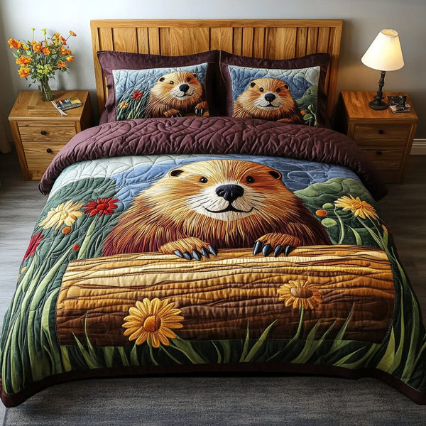 Forest Spirit quilted 3-piece bedding set on a made bed with two matching pillow shams