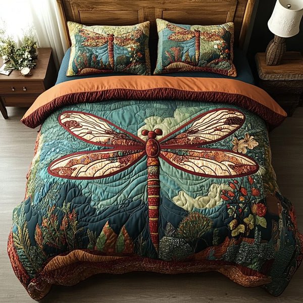 Forest Spirit quilted 3-piece bedding set on a made bed with two matching pillow shams