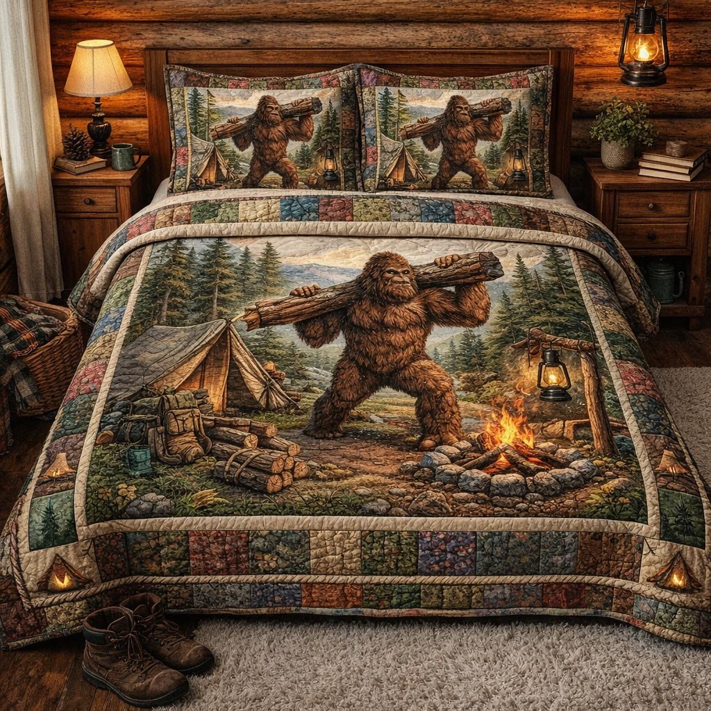 Forest Squatch quilted 3-piece bedding set on a made bed with two matching pillow shams