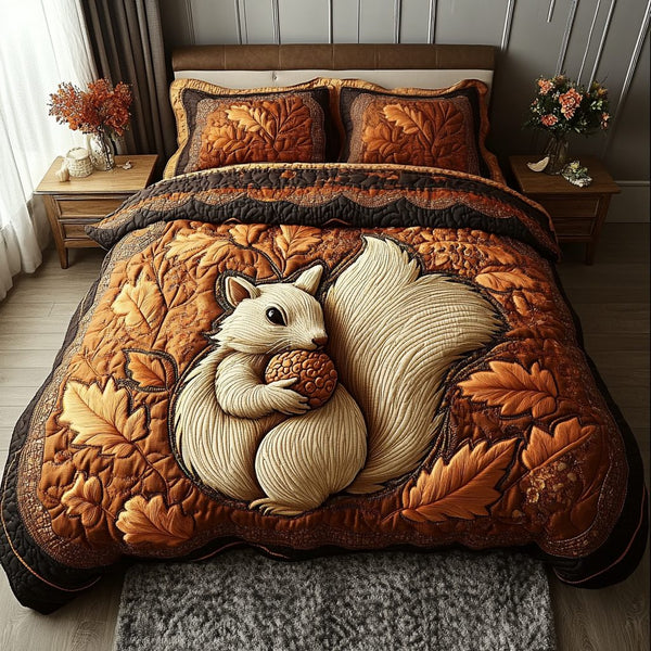 Forest Squirrel quilted 3-piece bedding set on a made bed with two matching pillow shams