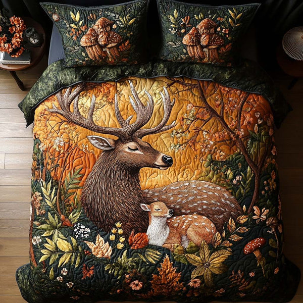Forest Stag Family quilted 3-piece bedding set on a made bed with two matching pillow shams
