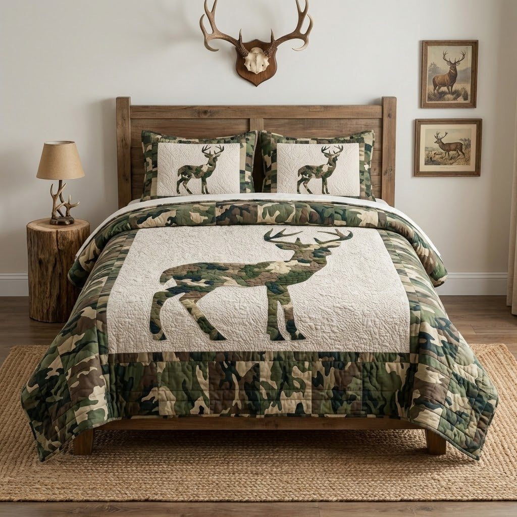 Forest Stag Mark quilted 3-piece bedding set on a made bed with two matching pillow shams