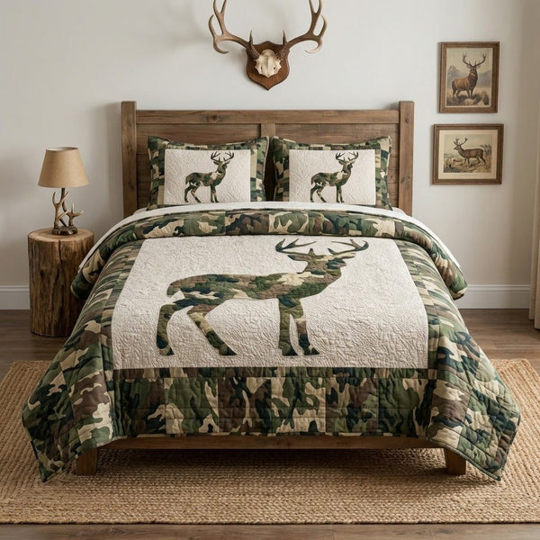 Forest Stag Mark quilted 3-piece bedding set on a made bed with two matching pillow shams